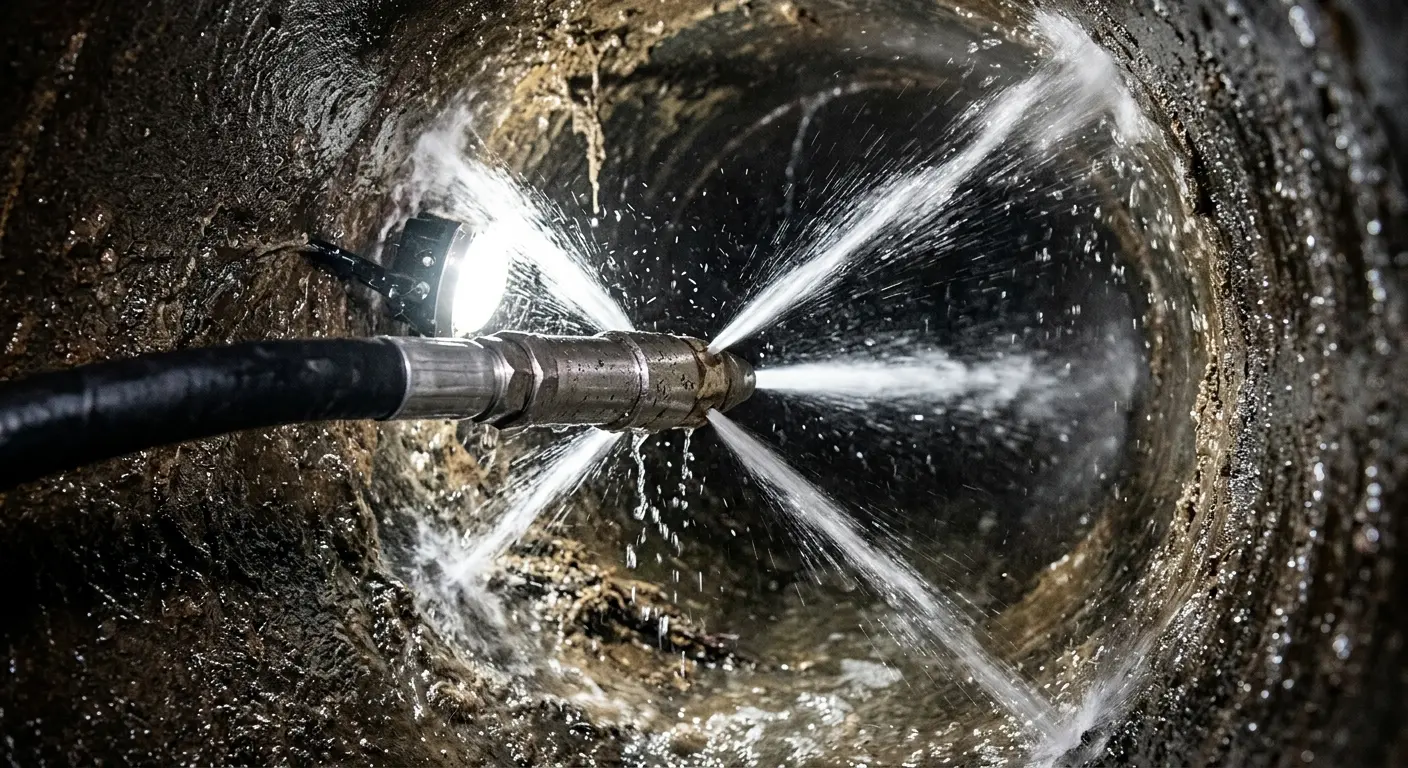 High-pressure hydro jetting nozzle cleaning sewer pipe for Emergency Drain Service in Mineral Wells
