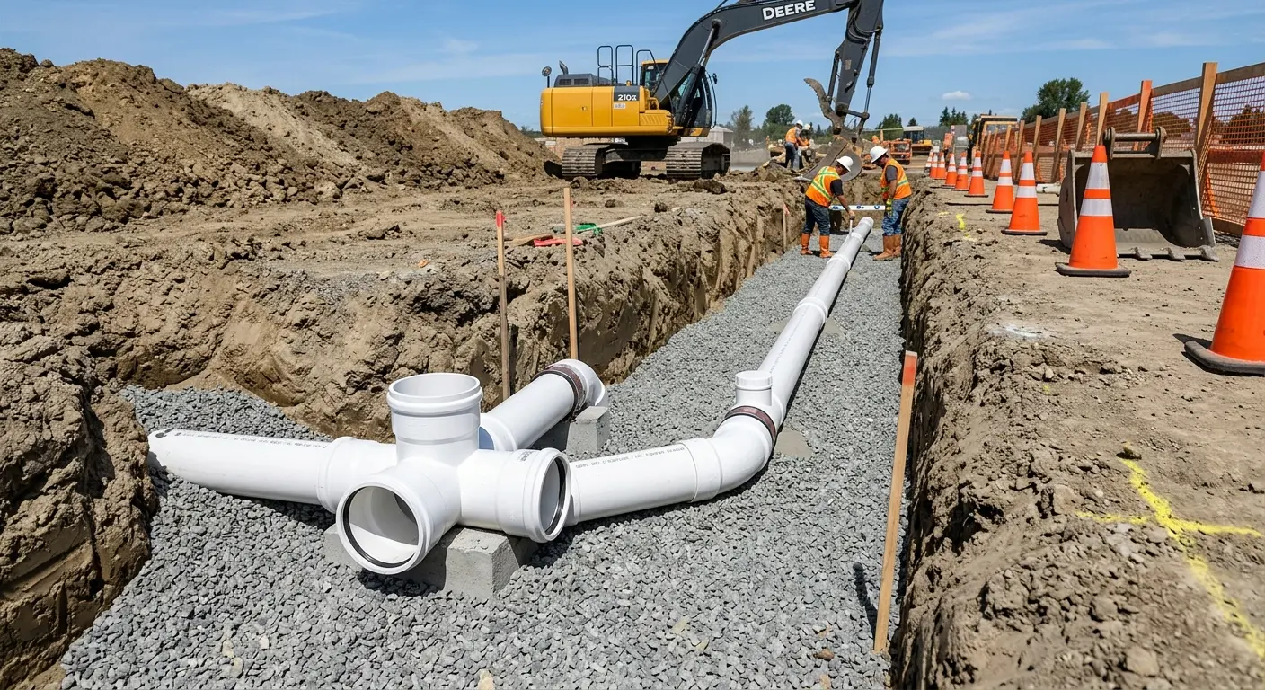 New PVC sewer pipe installation in open trench for Sewer Backup in Mineral Wells