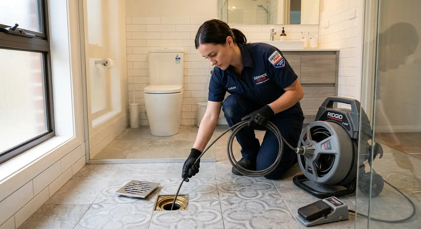 Technician clearing a bathroom floor drain for Drain Cleaning in Mineral Wells